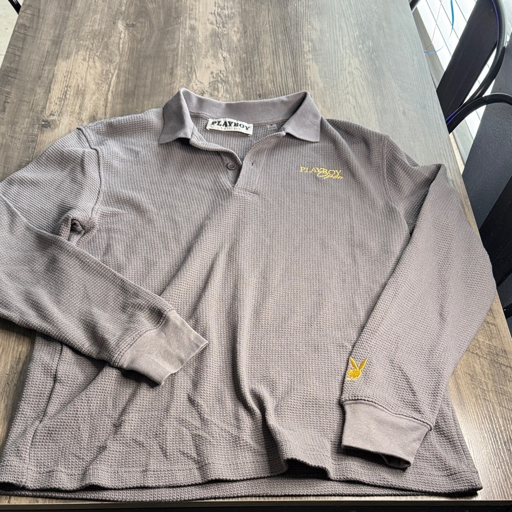 PLAYBOY 90’s/Y2K Men's Long-Sleeve Waffle Weave Polo in Gray